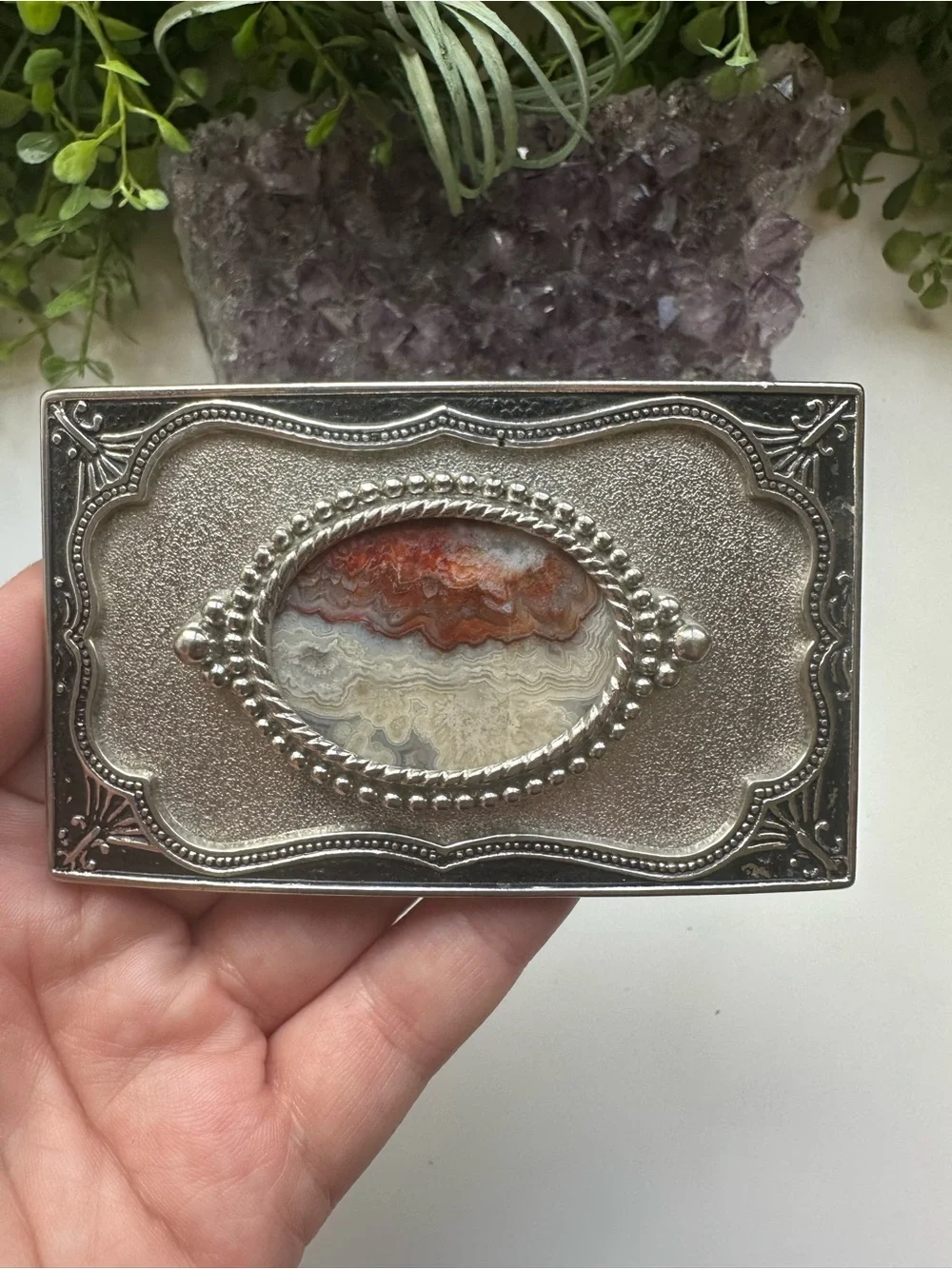 Antique-Style Silver Belt Buckle with Resin Agate Center
